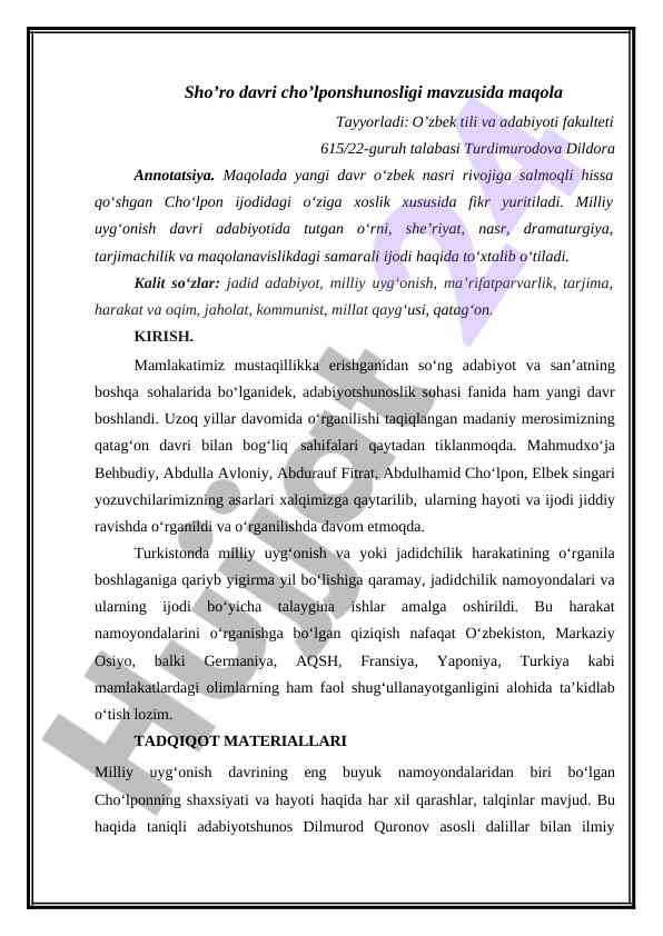 Cholponshunosligi mavzusida ilmiy tahlil