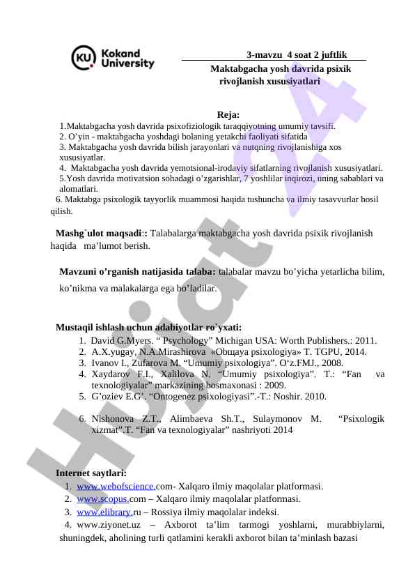 Psixologiya maktabgacha yosh davrida rivojlanish