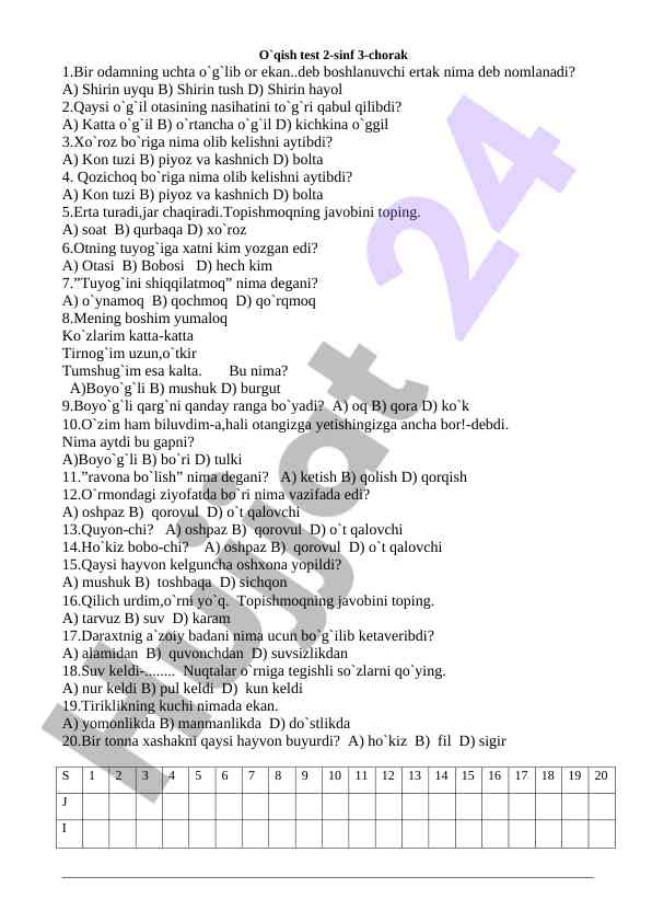 O'qish test 2-sinf 3-chorak savollari