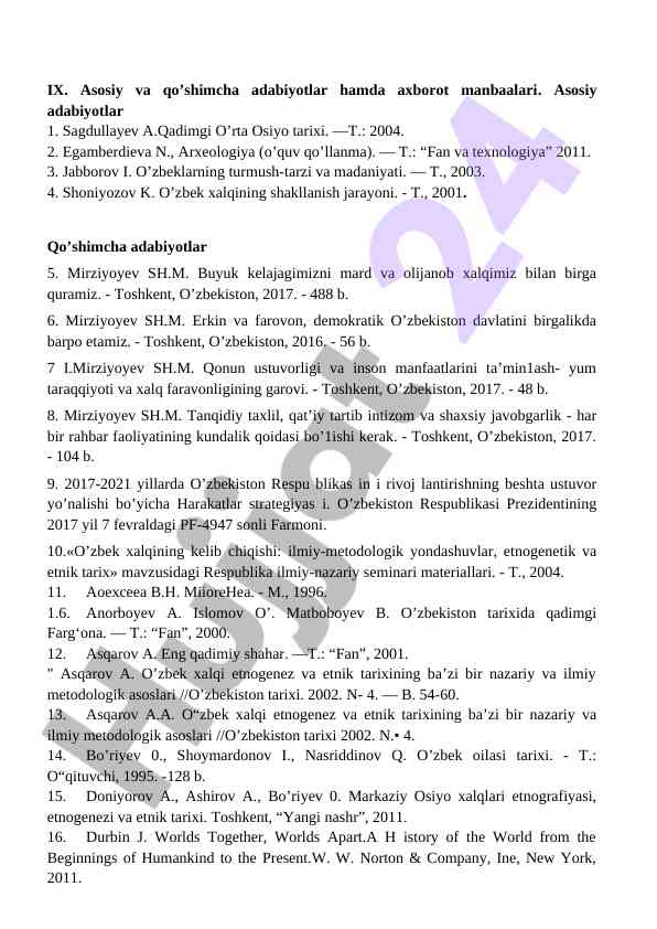 Asosiy va qo'shimcha adabiyotlar va axborot manbaalari