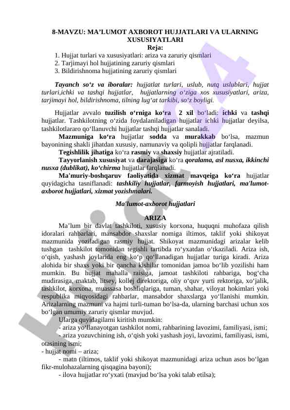 Ma’lumot axborot hujjatlari va ularning xususiyatlari