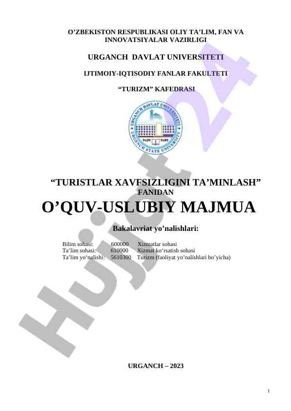 Turistlar xavfsizligini ta'minlash o'quv-uslubiy majmua