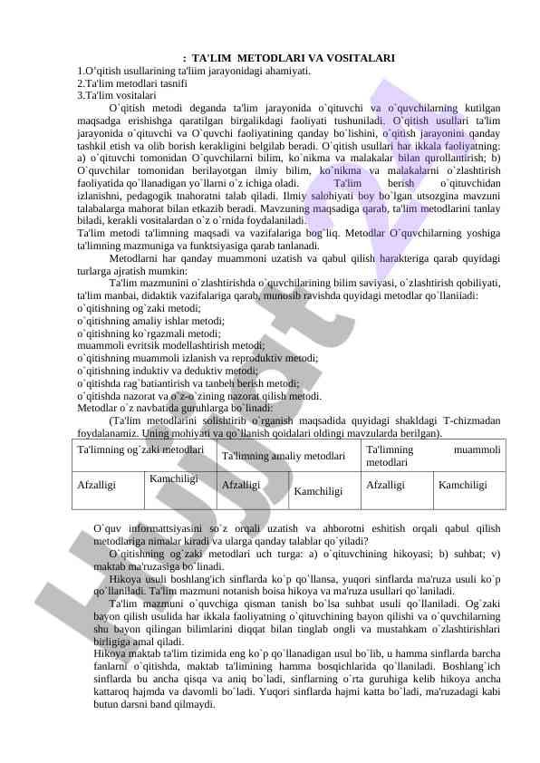 O’qitish usullari va ta'lim vositalari ahamiyati
