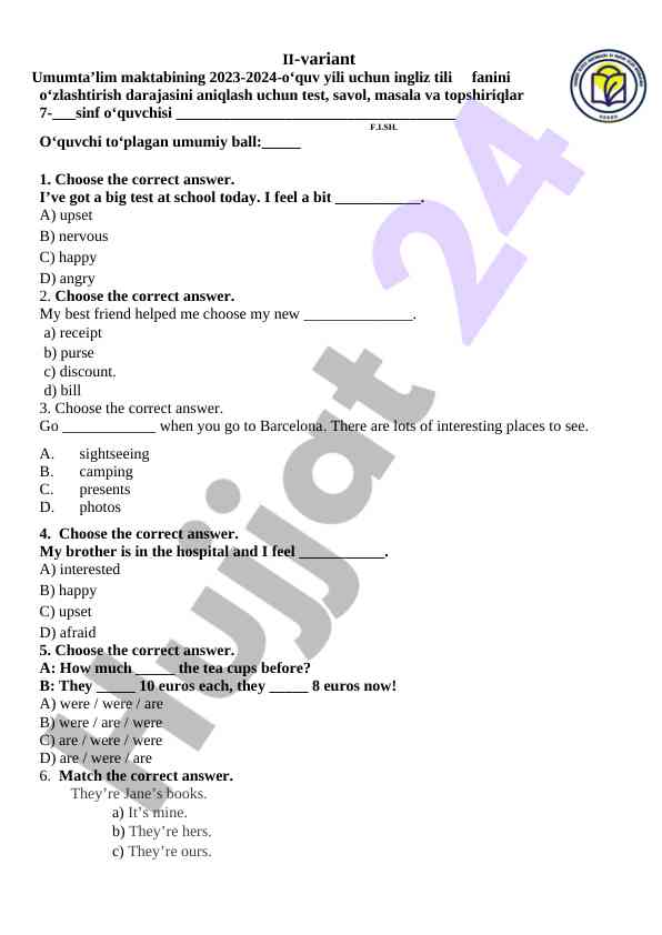 Test savollari ingliz tili fanidan 7-sinf