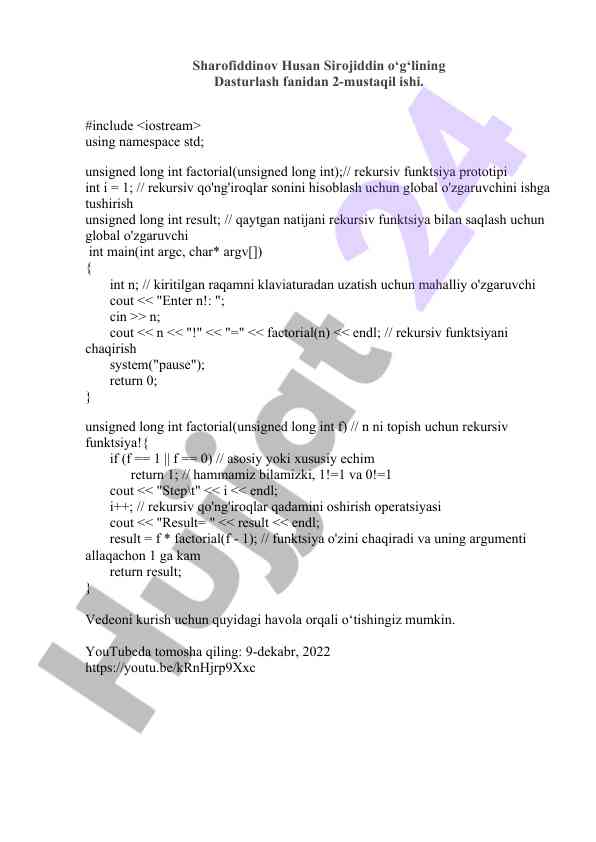 Dasturlash fanidan rekursiv funksiya n例l