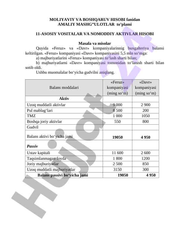 Moliya hisobi amaliy mashg‘ulotlar to‘plami