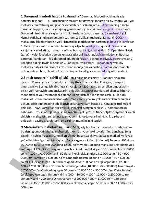 Daromad hisoboti va moliyaviy natijalar