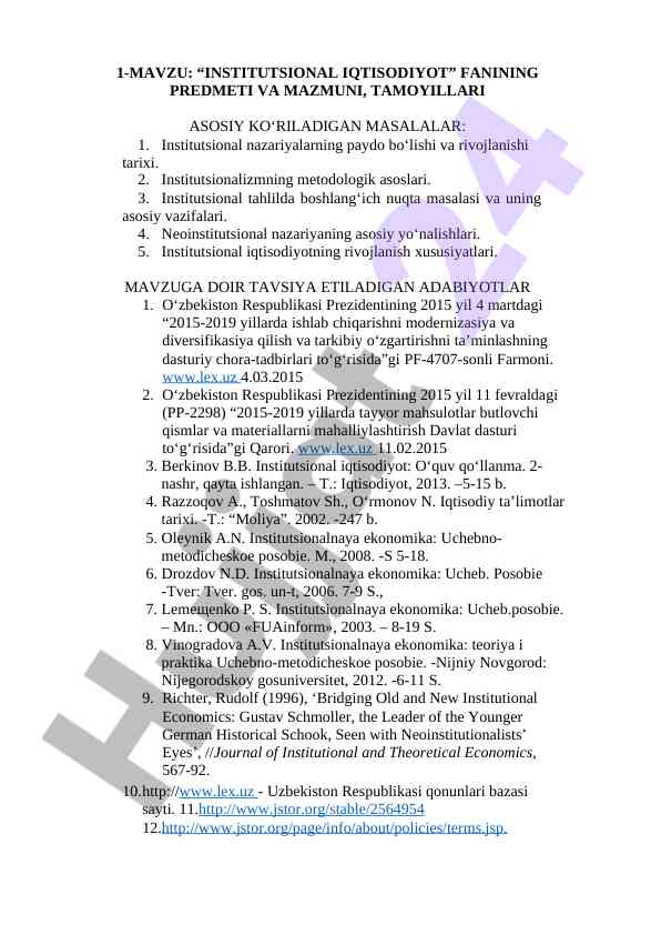 Asosiy tamoyillar va masalalar institutsional iqtisodiyot