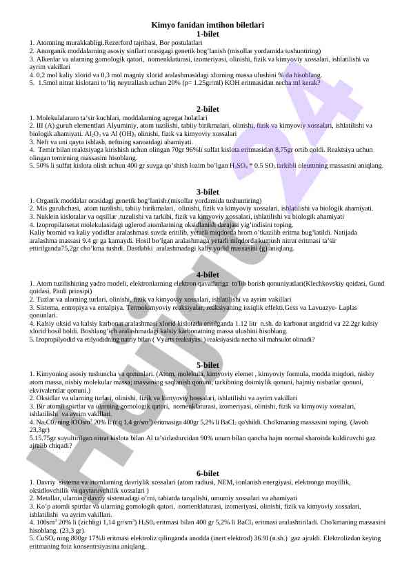 Kimyo fanidan imtihon biletlarining misollari