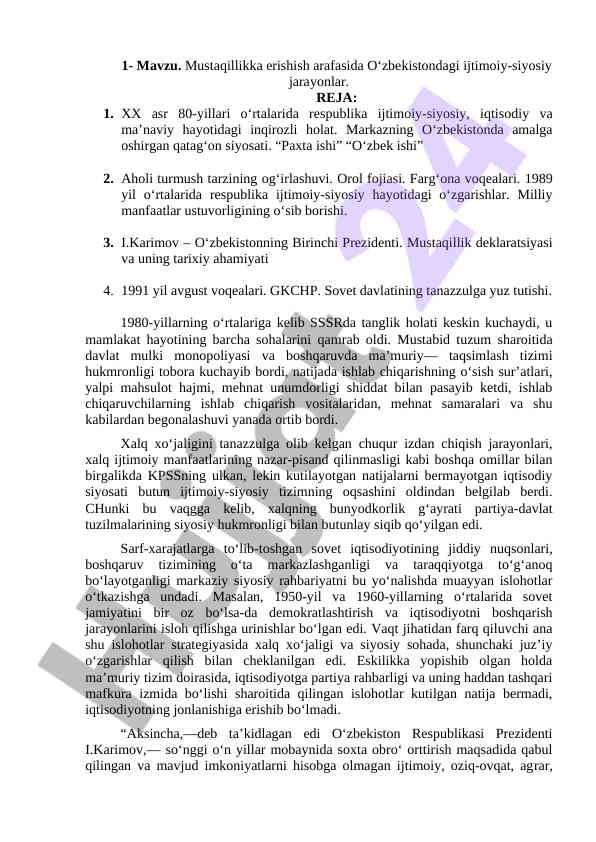 O‘zbekistondagi ijtimoiy-siyosiy jarayonlar tahlili
