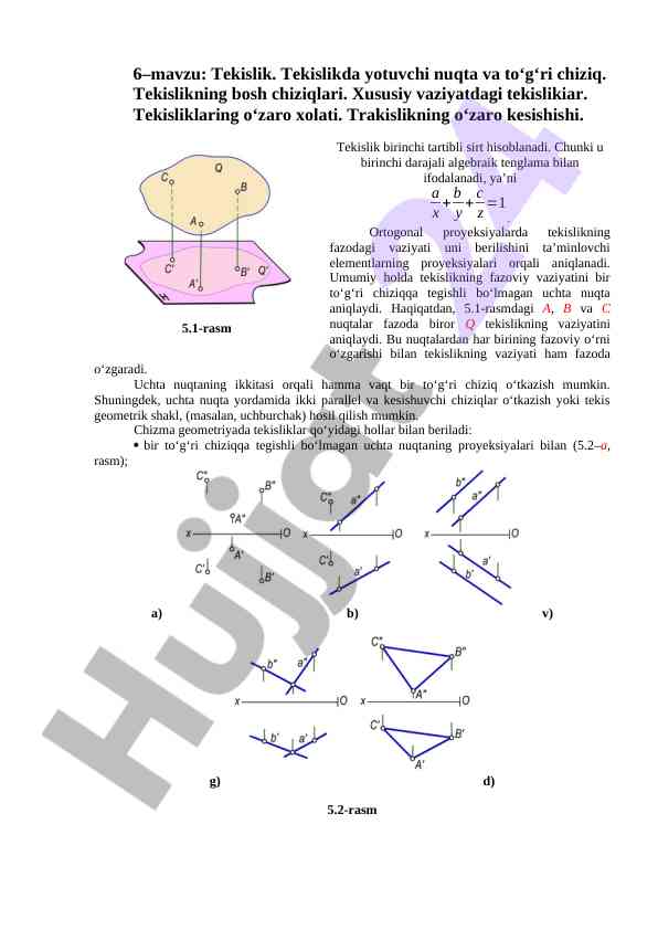 Tekislikning fazodagi vaziyati haqida ma'lumotlar