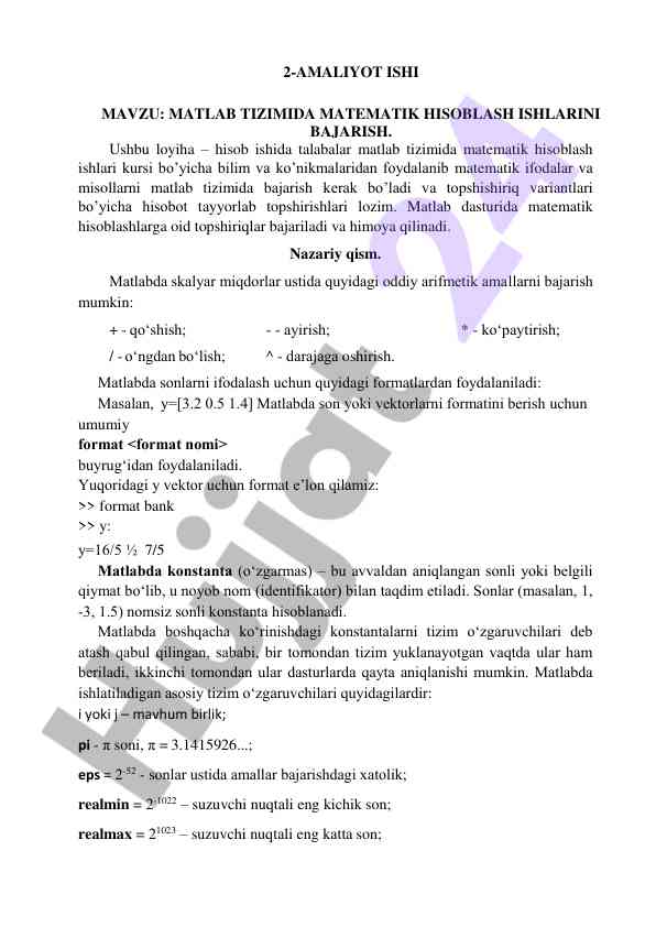 Matlab tizimida matematik hisoblash ishlari