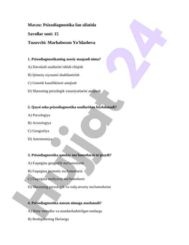 Psixodiagnostika fanidagi asosiy savollar