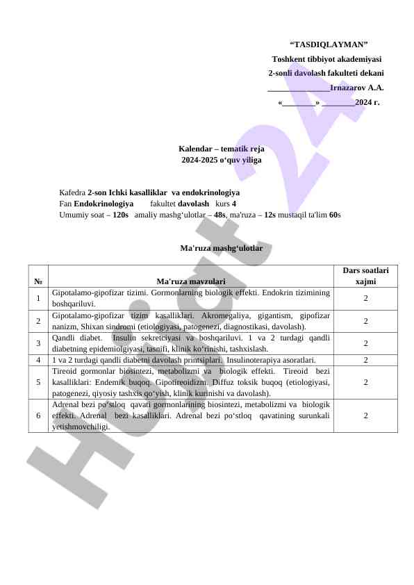 Kalendar tematik reja 2024-2025 o‘quv yili
