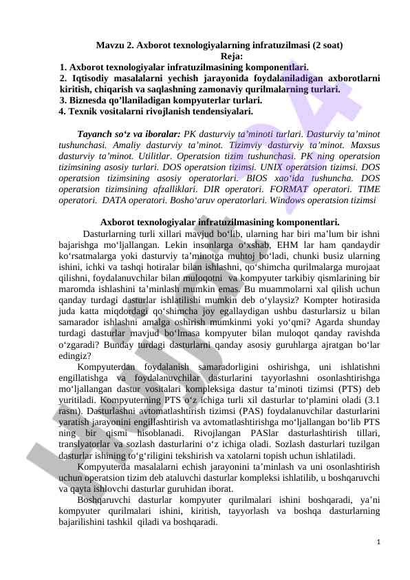 Axborot texnologiyalari infratuzilmasi bo'yicha dars