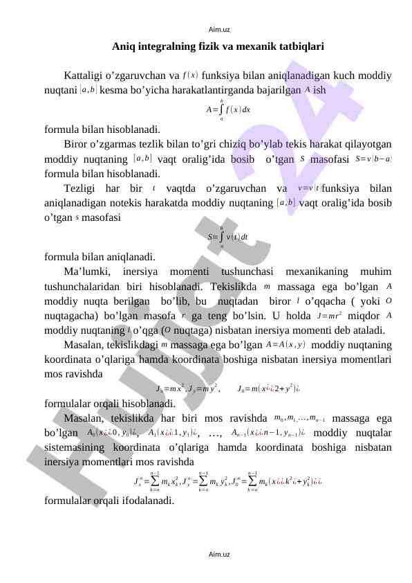 Aniq integralning fizik va mexanik tatbiqlari