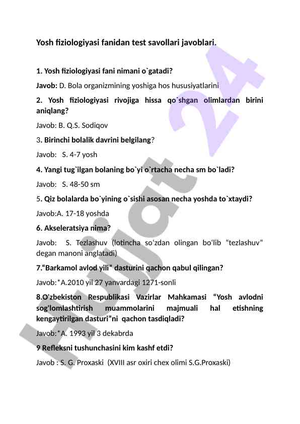 Yosh fiziologiyasi fanidan test savollari