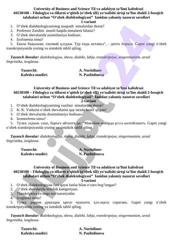 O‘zbek dialektologiyasi yakuniy nazorat savollari