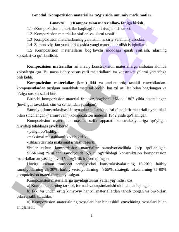Kompozitsion materiallar haqida umumiy ma’lumotlar