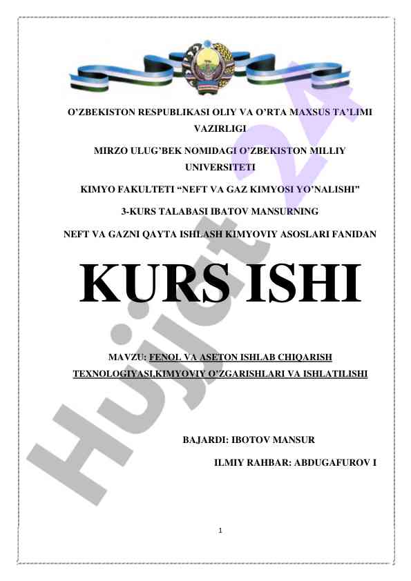 Fenol va aseton ishlab chiqarish texnologiyasi