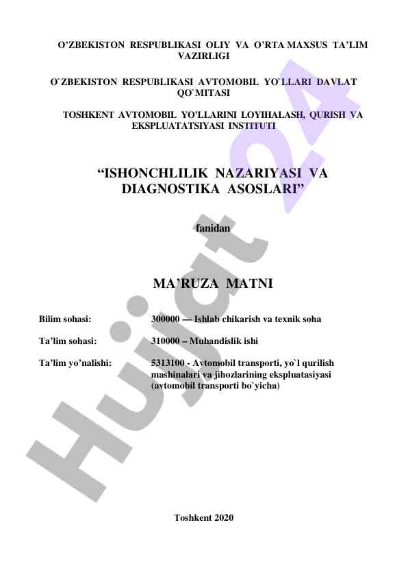 Ishonchlilik nazariyasi va diagnostika asoslari ma'ruzasi