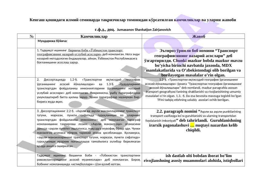Ilmiy seminar taqrizida kamchiliklar taklifi