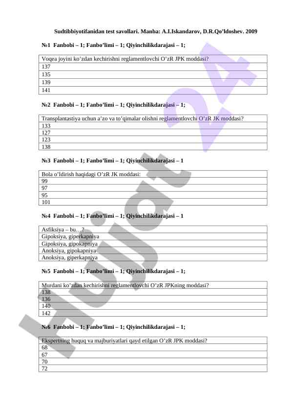 Sudtibbiyotifanidan test savollari burchaklari