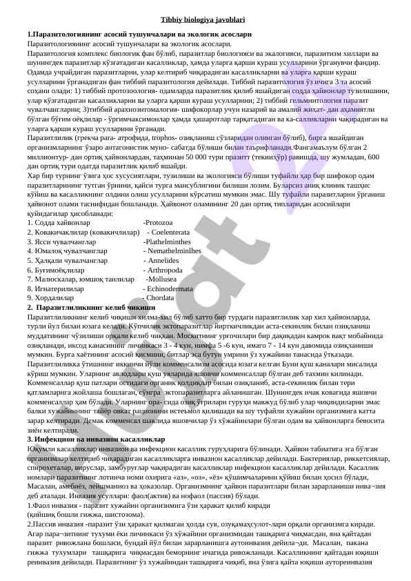 Tibbiy biologiya javoblari va parazitologiya asoslari