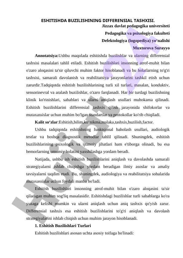 Eshitishda Buzilishning Differensial Tashxisi