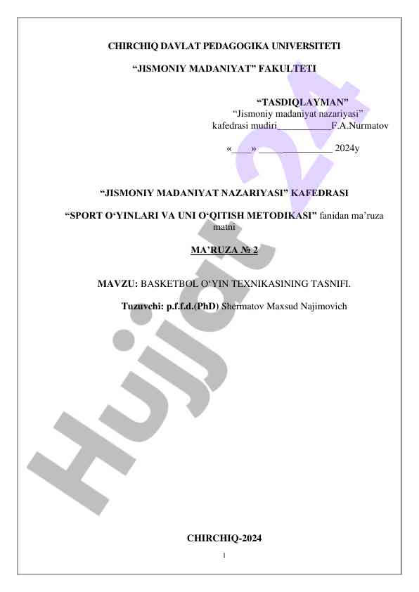 Basketbol oyin texnikasining tasnifi maruzasi