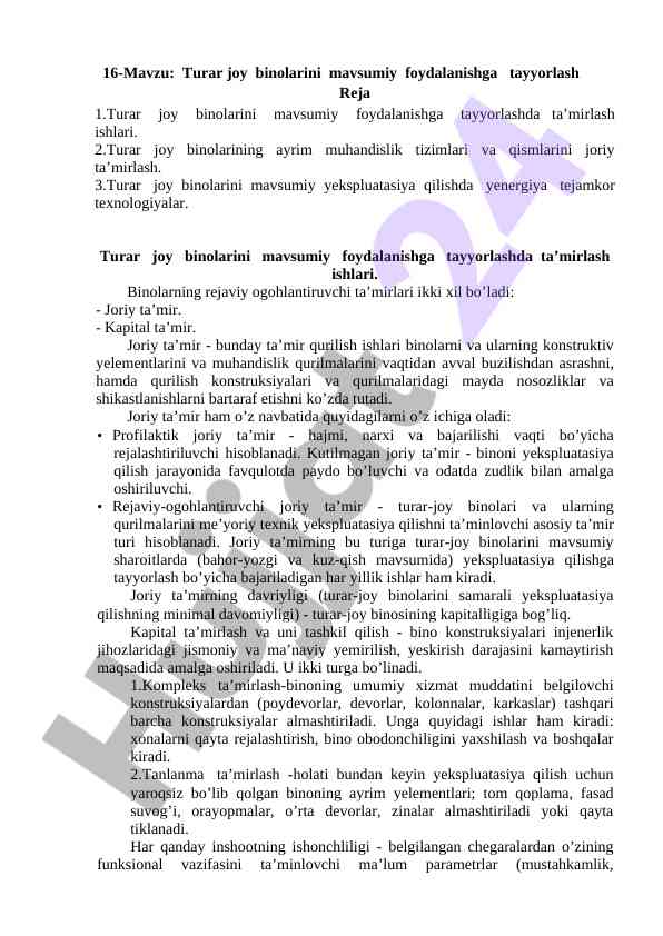 Turar joy binolarini mavsumiy foydalanishga tayyorlash