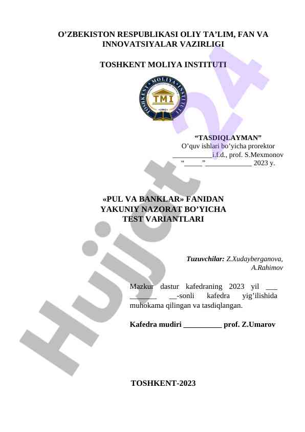 Pul va banklar fanidan yakuniy nazorat test variantlari