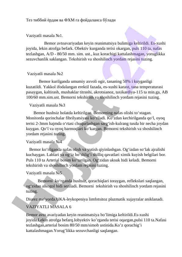 Tez tibbiy yordam rejasi tuzish masalalari