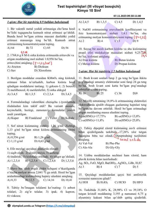 Kimyo test topsheriklari 10 sinf uchun iii viloyat bosqichi