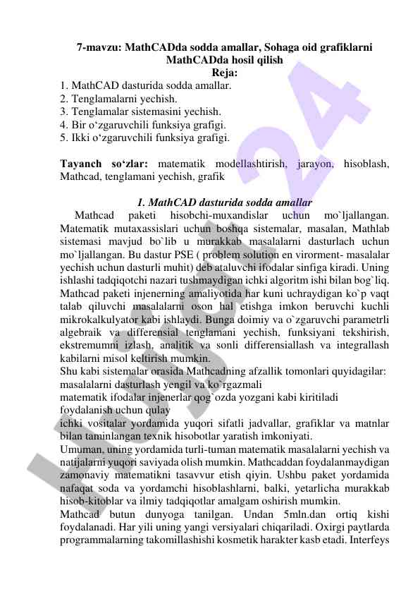 Mathcad dasturida sodda amallar va grafiklar
