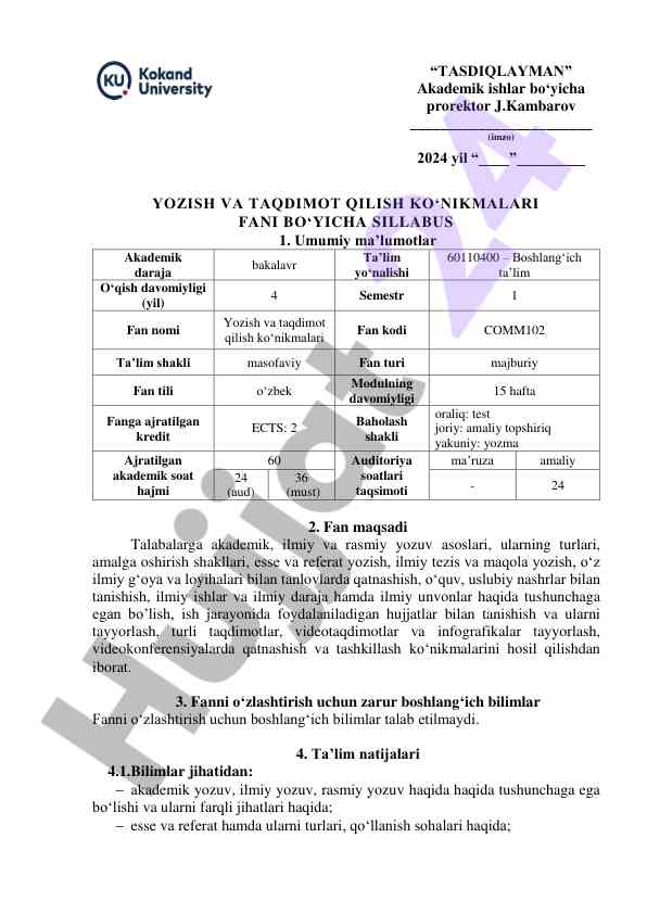 Yozish va taqdimot qilish ko‘nikmalari sillabusi