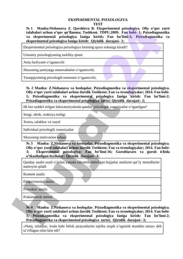 Eksperimental psixologiya testlari va manbalari