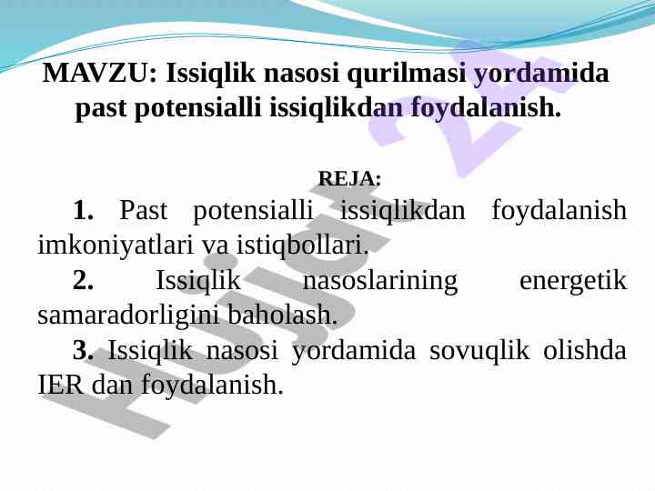 Past potensialli issiqlikdan foydalanish imkoniyatlari