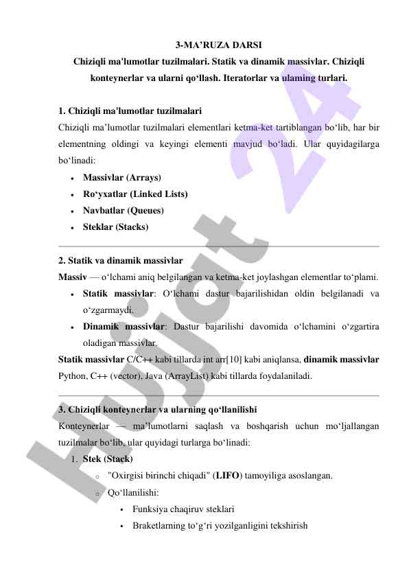 Chiziqli ma'lumotlar tuzilmalari va konteynerlar