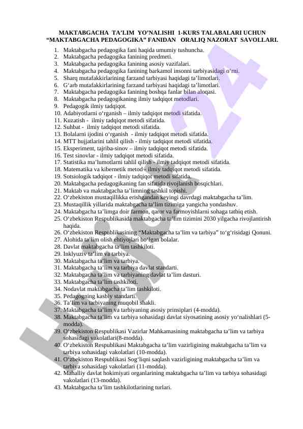 Maktabgacha pedagogika fanidan oraliq nazorat savollari