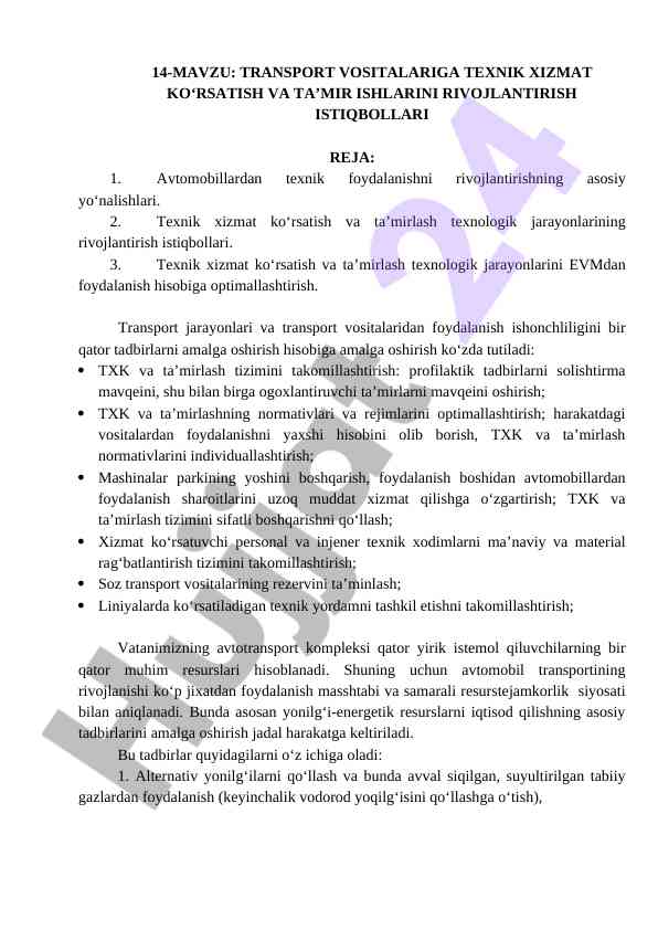 Transport vositalariga texnik xizmat ko‘rsatish