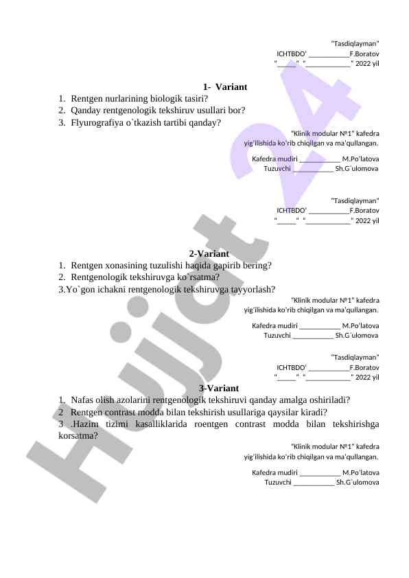 Rentgen nurlarining biologik tasiri haqida dars