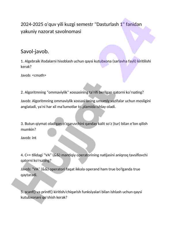 Dasturlash 1 yakuniy nazorat savollari 2024-2025