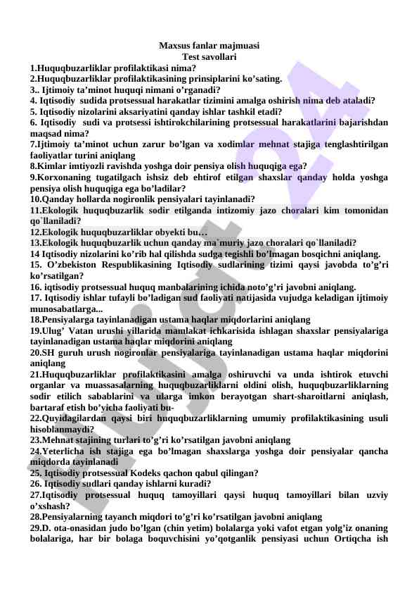 Maxsus fanlar test savollari va javoblar