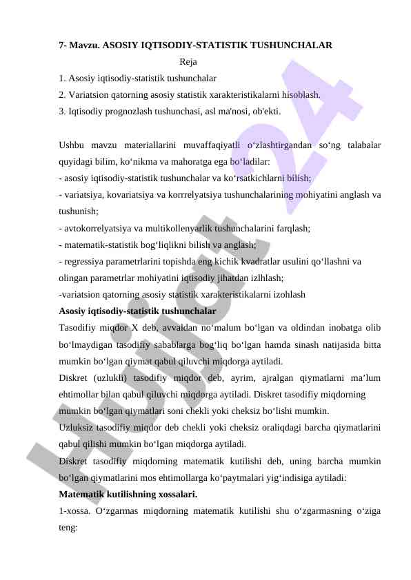 Asosiy iqtisodiy-statistik tushunchalar va ularning ahammiyati