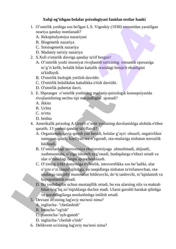 O’smirlik psixologiyasi fanidan testlar banki