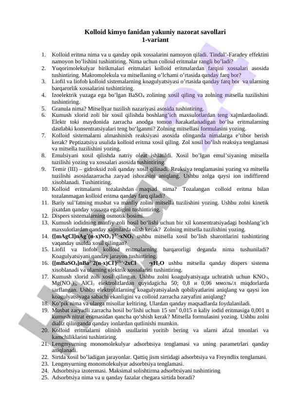 Kolloid kimyo fanidan yakuniy nazorat savollari