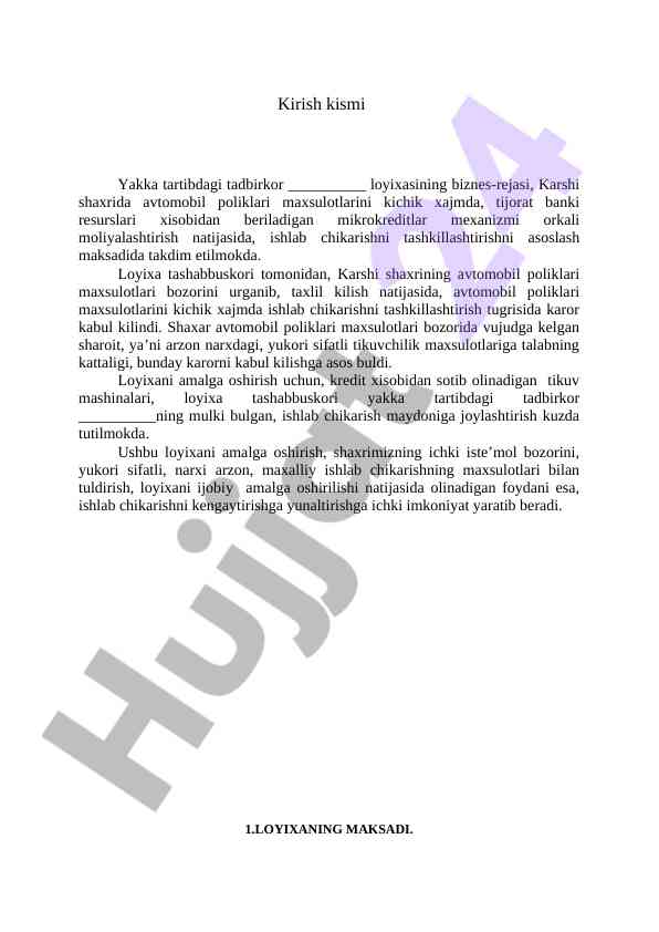 Biznes-rejaning avtomobil polikalari loyihasi