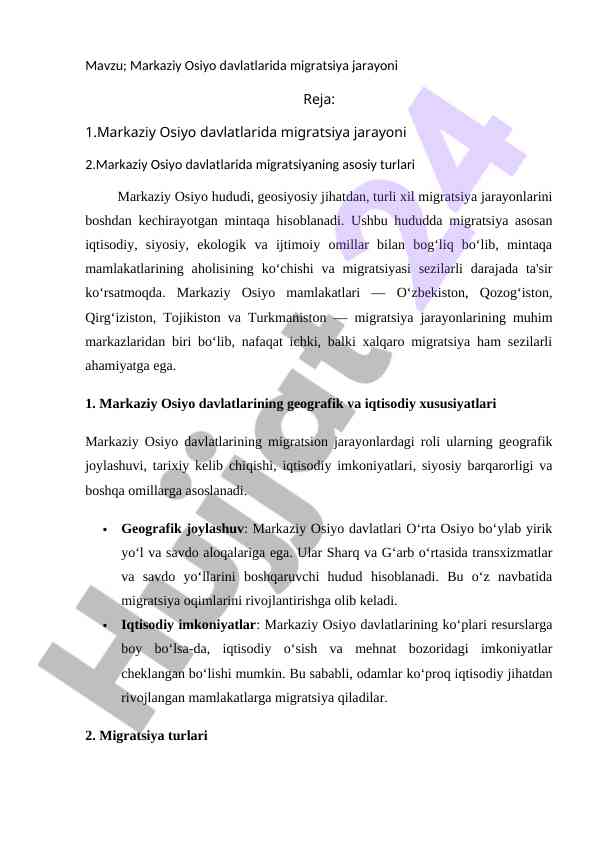 Markaziy osiyo davlatlarida migratsiya jarayoni