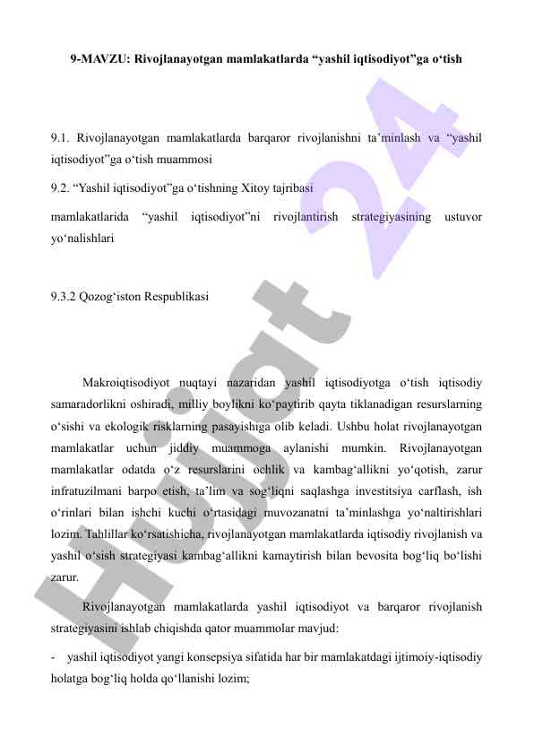 Rivojlanayotgan mamlakatlarda yashil iqtisodiyotga o‘tish